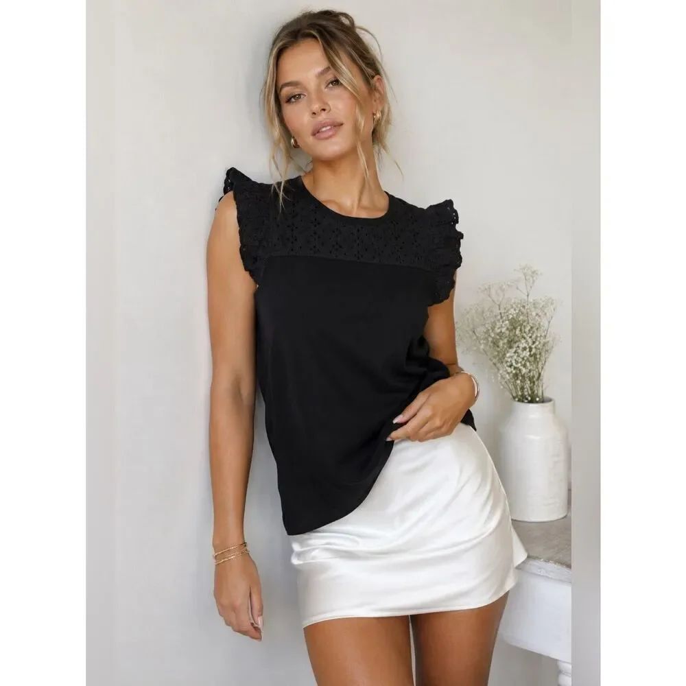 NWT Bohemian Anne Klein Black Women’s Top Eyelet Trim Size S Ruffle Sleeve